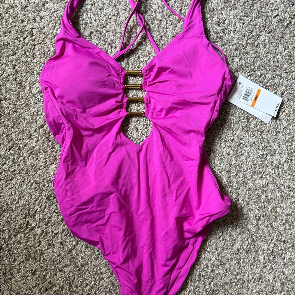 BECCA Fuchsia Cutout One-Piece Swimsuit - Picture 5 of 9